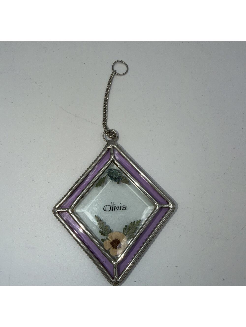 Layered Stained Glass Clear w/Dried Flowers - Purple Trim Olivia 3.75" Tall